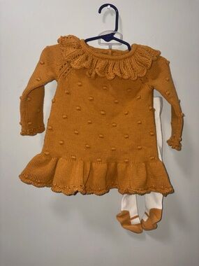 Cynthia Rowley Mustard Yellow Knit Dress Beanie Tights Set Pom Pom Ruffles 6-9 M